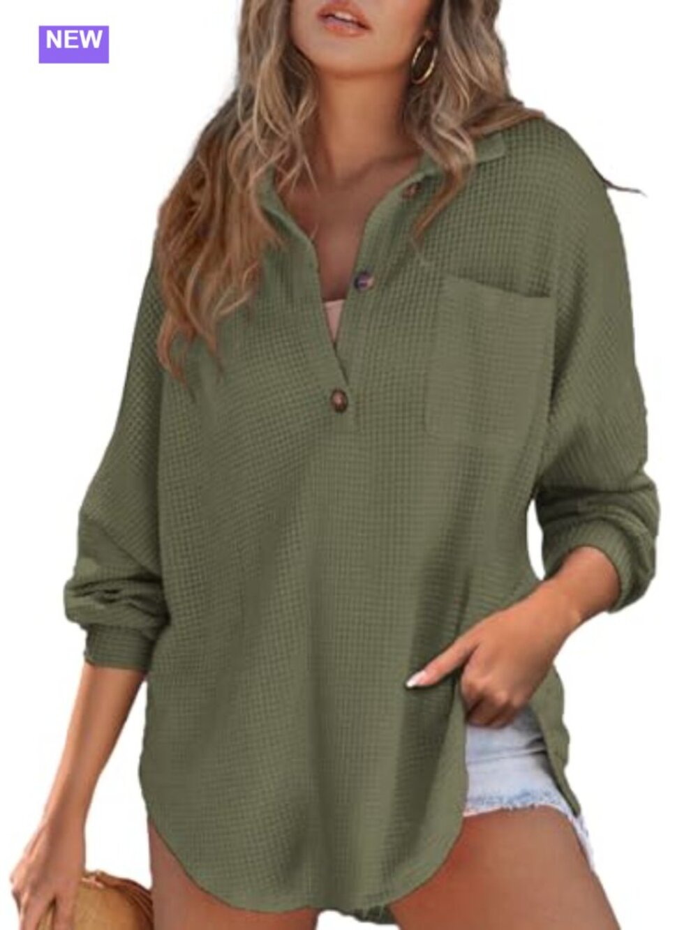 Waffle Knit Henley Tunic Top Oversized Long Sleeve Button Down